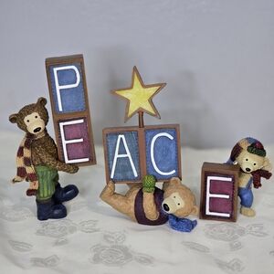 Christmas Bear Figurines Blocks Peace Holiday Decor Set Resin